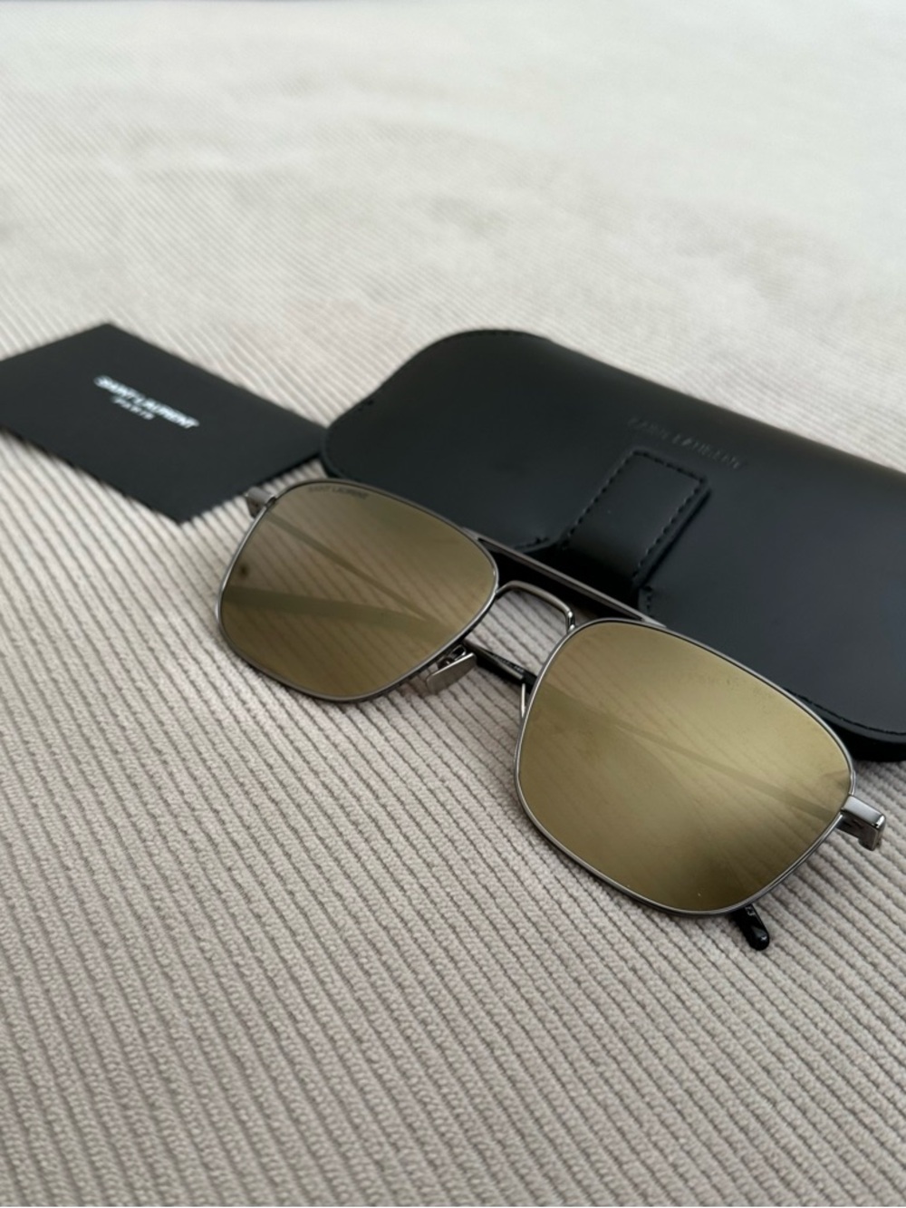 Saint Laurent Silver Frame Sunglasses with Olive/Gold Lenses - Picture 3 of 3